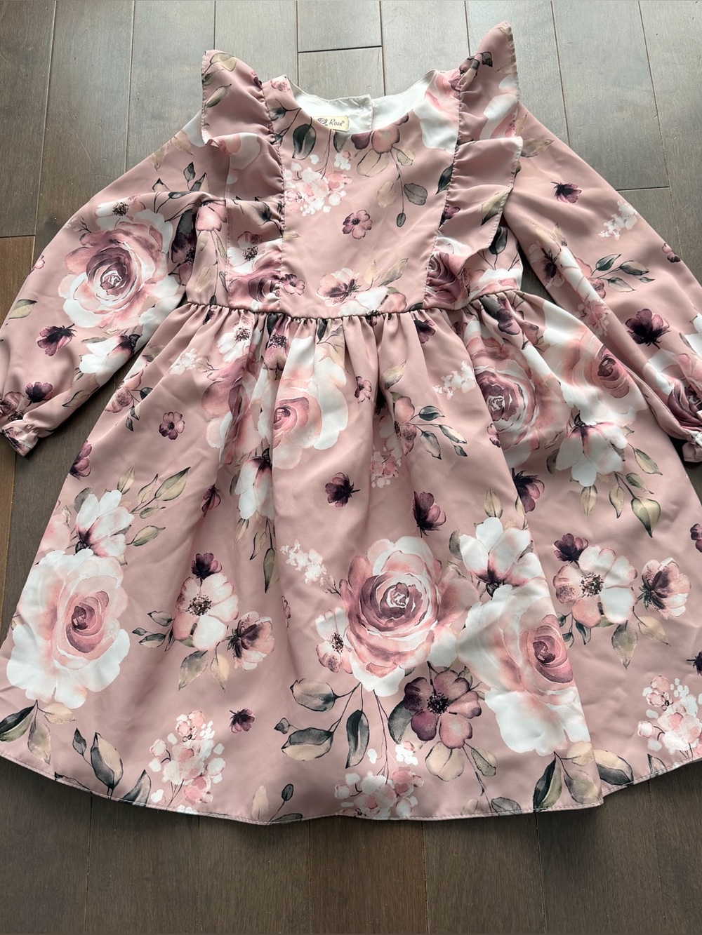 Girls Floral Pink Ruffle Long-Sleeve Dress